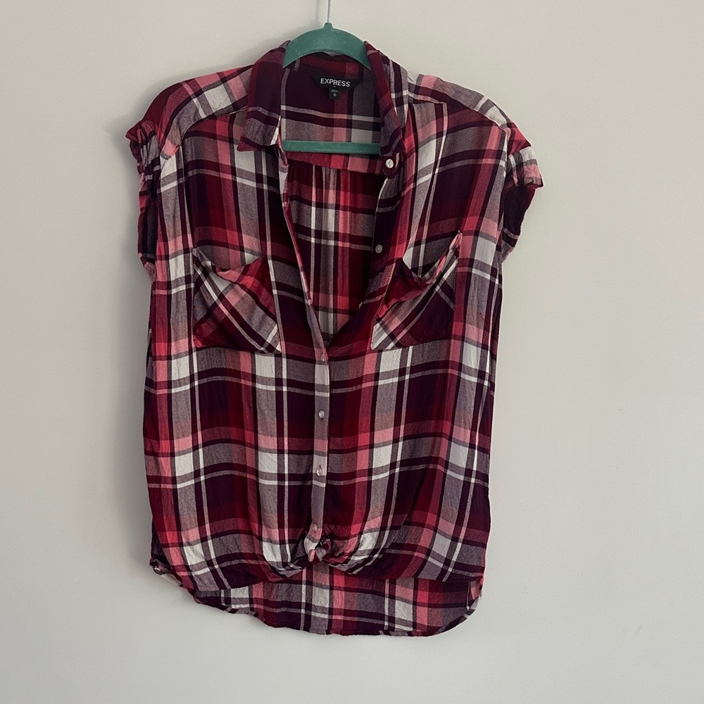 Express Women's Plaid Button Down Shirt - Burgundy and White
